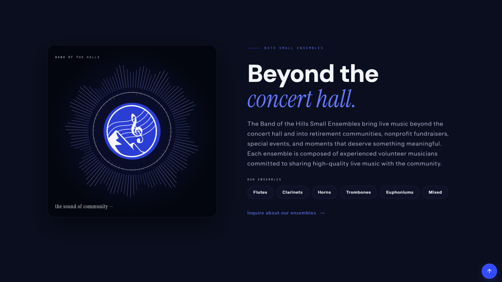 The small-ensembles section of the redesigned homepage