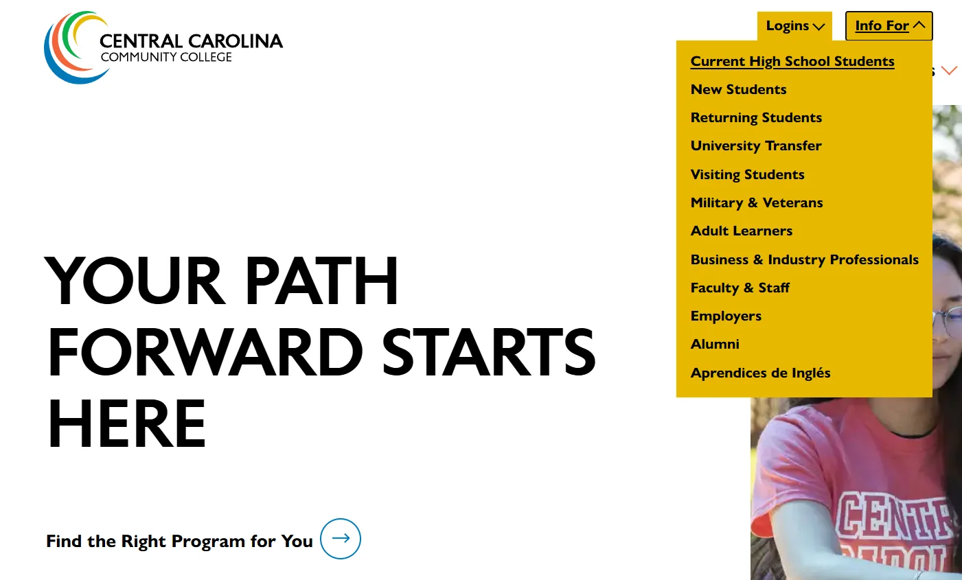 The Info For menu, with a path for each audience