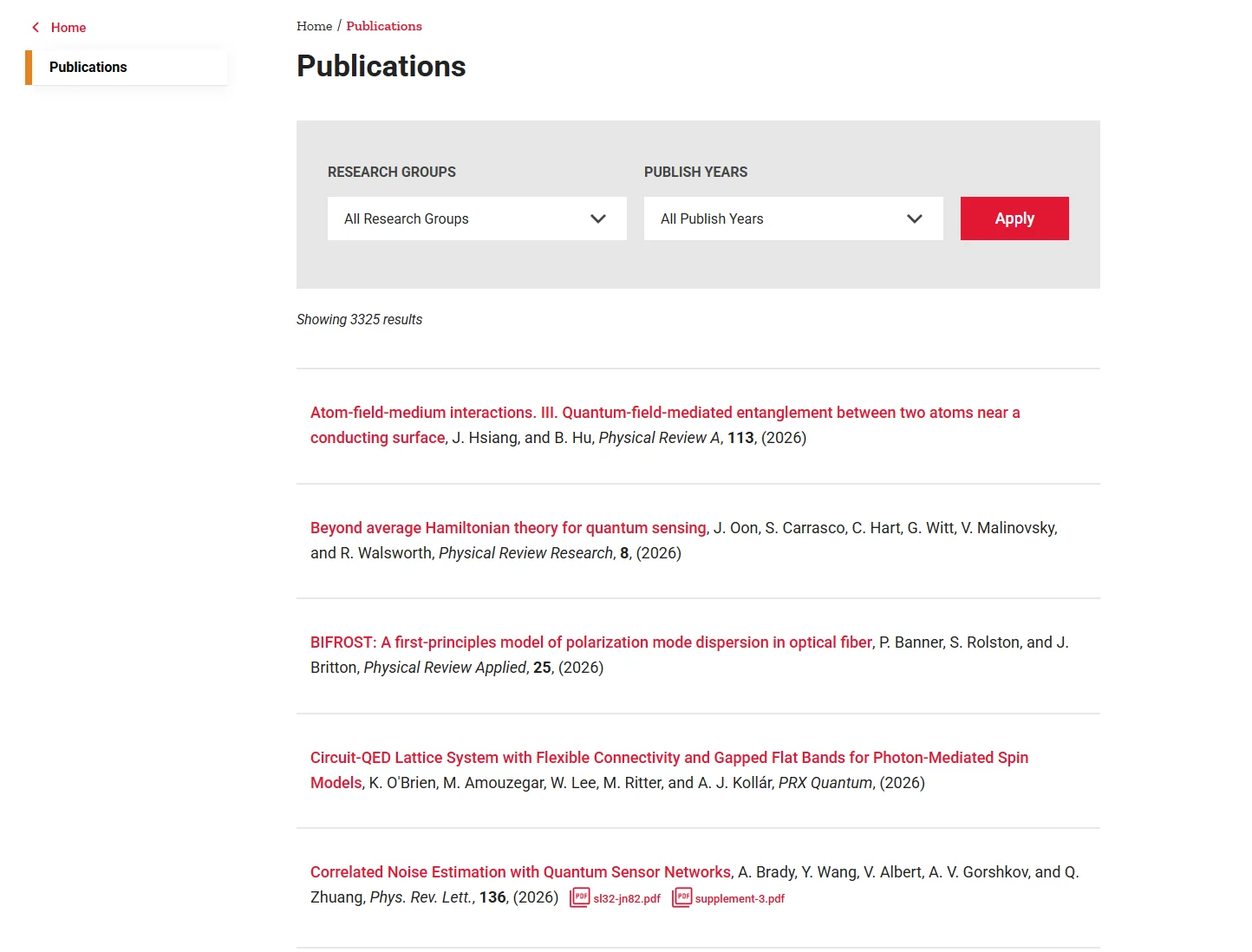 JQI publications, filterable by research group and year