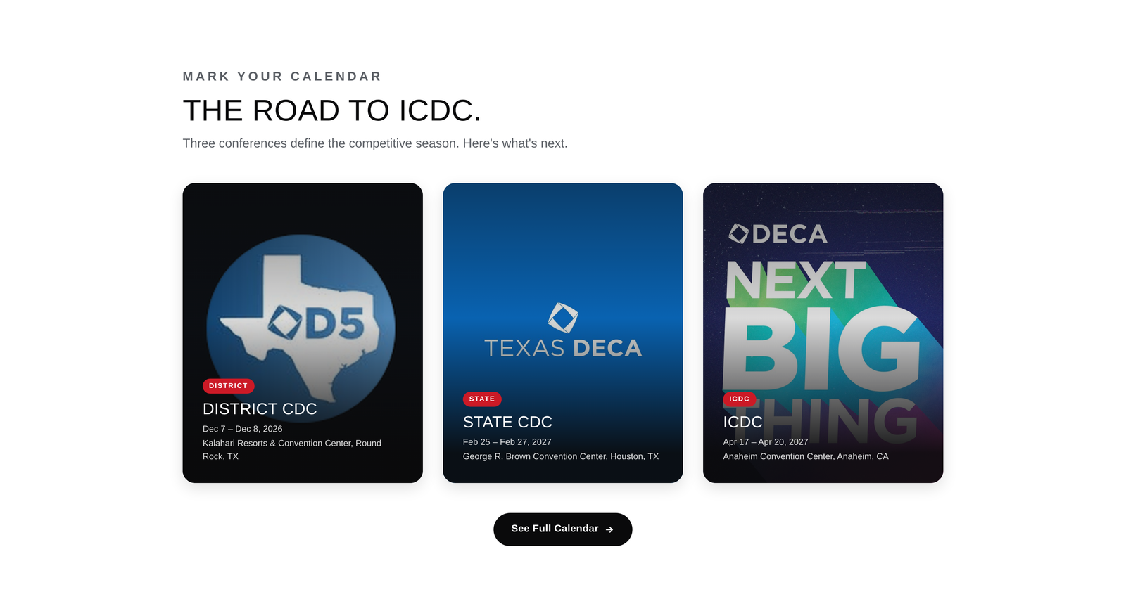 The homepage's Road to ICDC section, previewing District, State, and ICDC