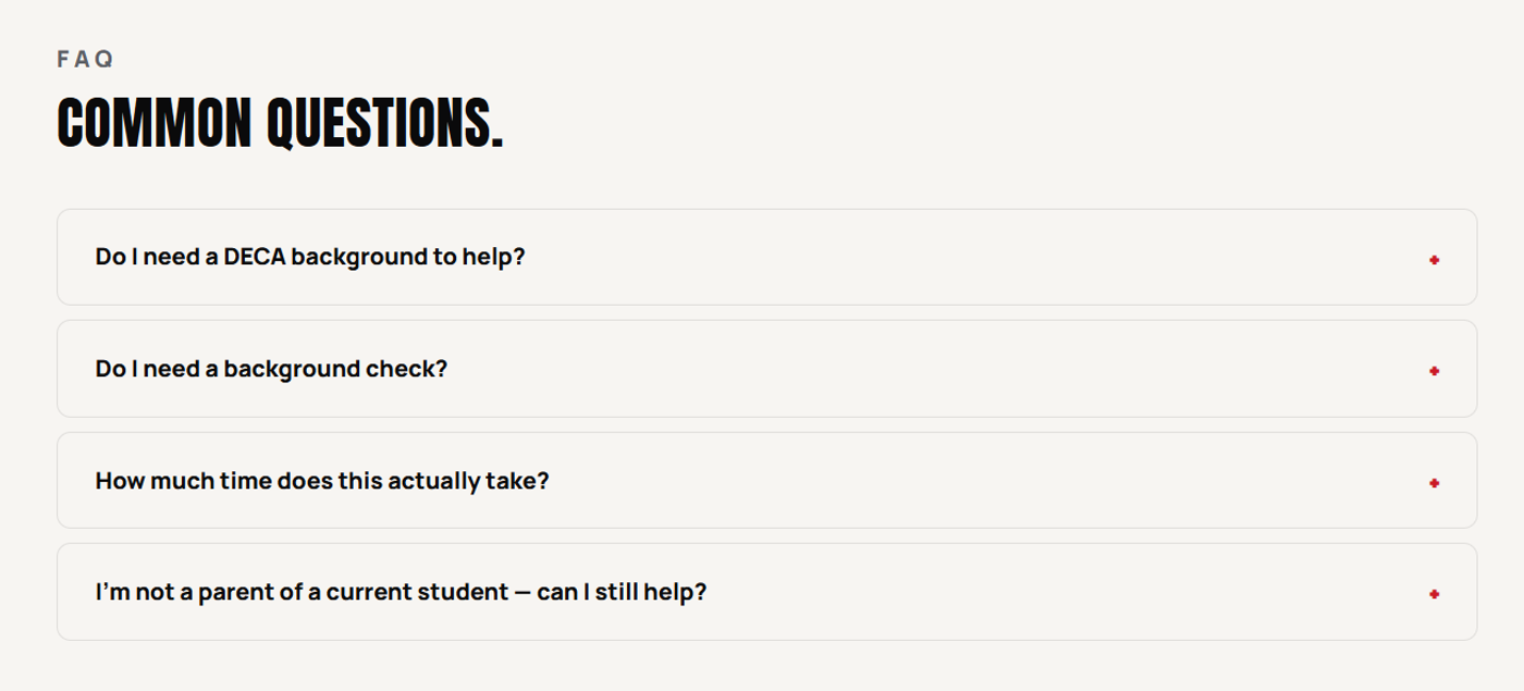 The Volunteers page FAQ, answering background-check, time-commitment, and eligibility questions
