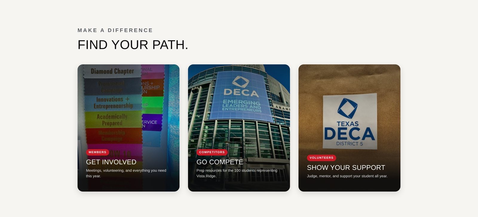 The homepage's Find Your Path section, routing to Members, Competitors, and Volunteers